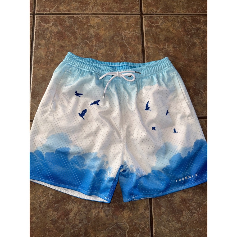 YoungLA Cloud Bird Mesh Shorts Blue White YLA2252 Mens Large Bodybuilding Gym
